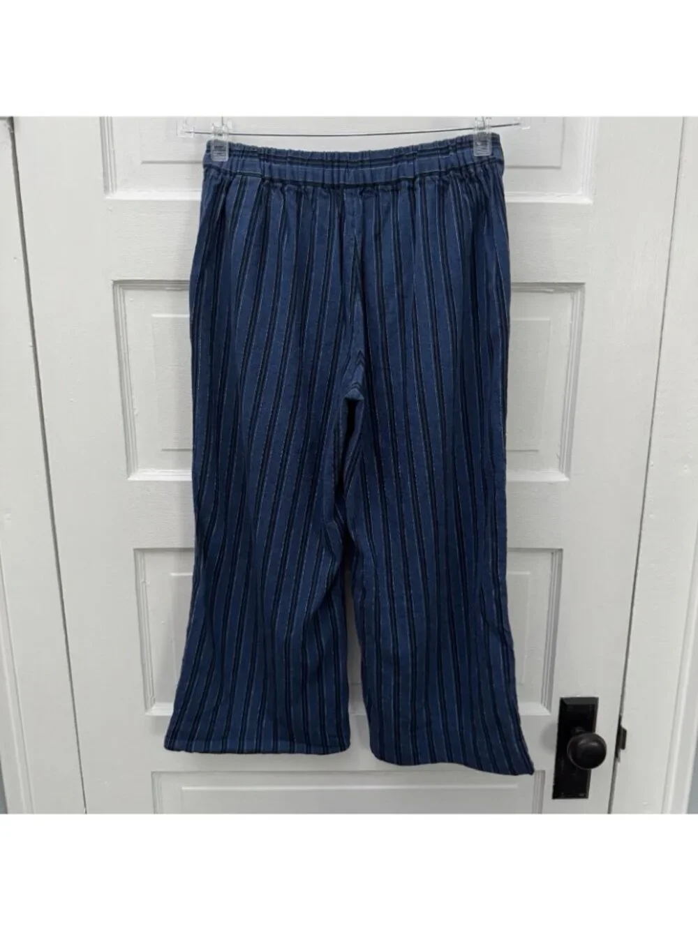 Banana Republic Rowan Wide Leg Pants Petite 2 Blue Stripe Linen Blend Pull On